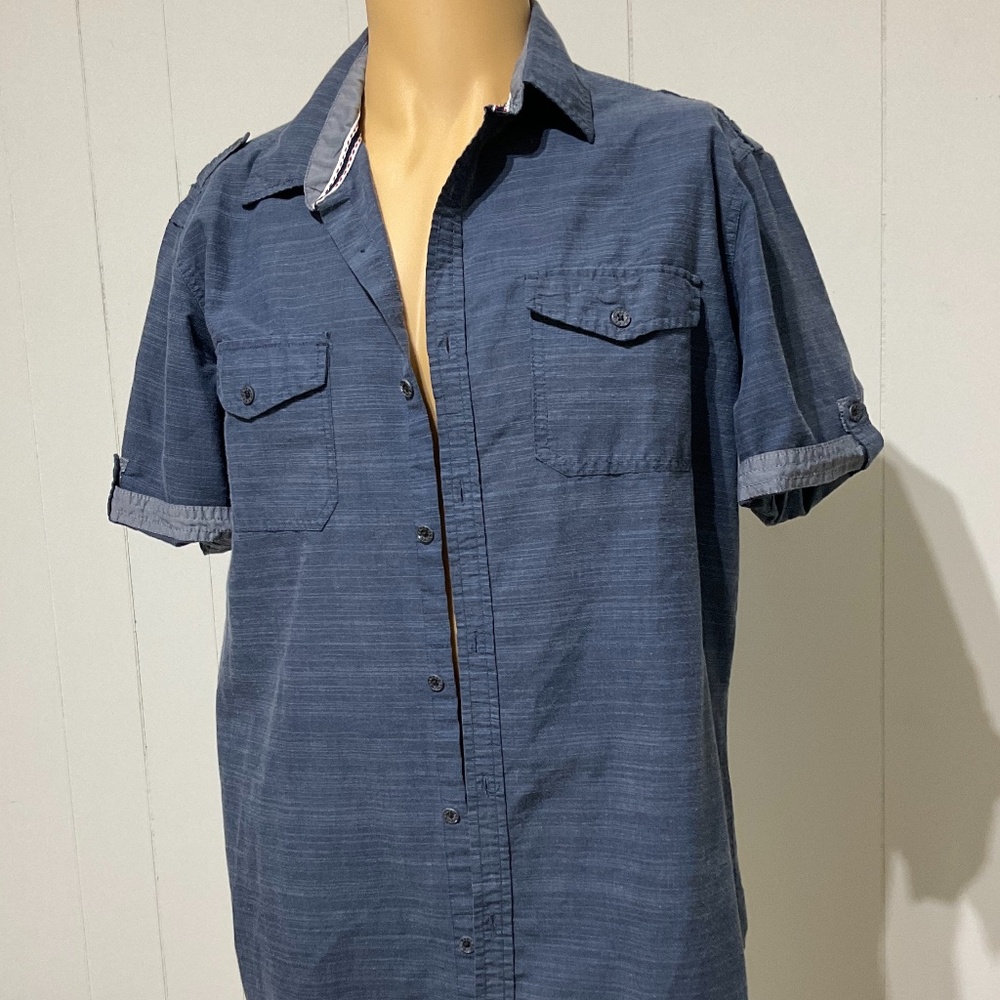 Free Planet L 100% Cotton Button Shirt Men Large Blue Short Sleeve Pocket
